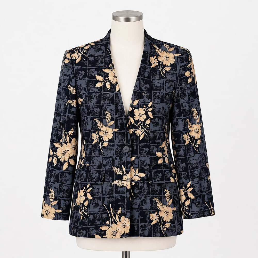 Kasper A.S.L. Women’s Size 8 Navy Floral Grid Blazer Jacket Vintage 100%Silk